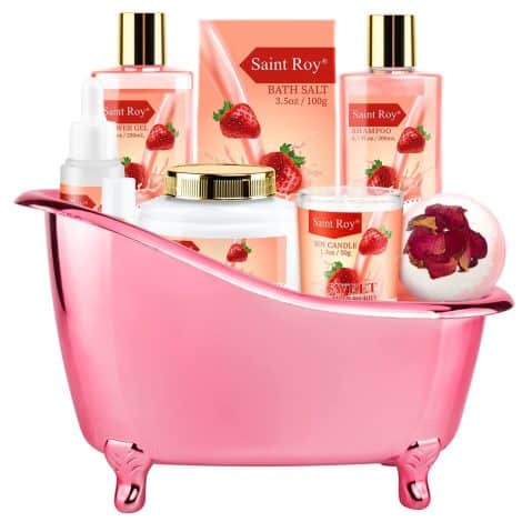 Luxurious Saint Roy Bath Set – Indulge in a Home Spa Experience with Sweet Strawberry Fragrance – Infused with Nourishing Jojoba Oil & Shea Butter. Perfect Gift for Women.