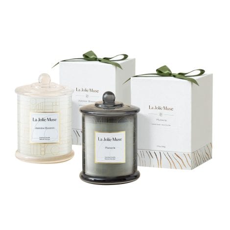 LA JOLIE MUSE Candle Gift Set – Delightful fragrant 2-pack of Plumeria & Jasmine candles for women, made from natural soy wax, long-lasting 20 oz.