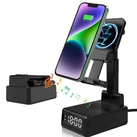 “liirro 4-in-1 Cell Phone Stand: Uniquely crafted gift for Dad, Mom, Him, Her, featuring Bluetooth Speaker and Wireless Charger.”