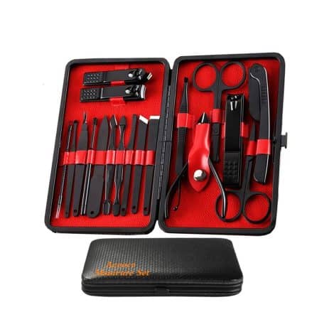 18-piece professional grooming kit for men with stainless steel nail care tools and luxurious travel case. Perfect gift for men.