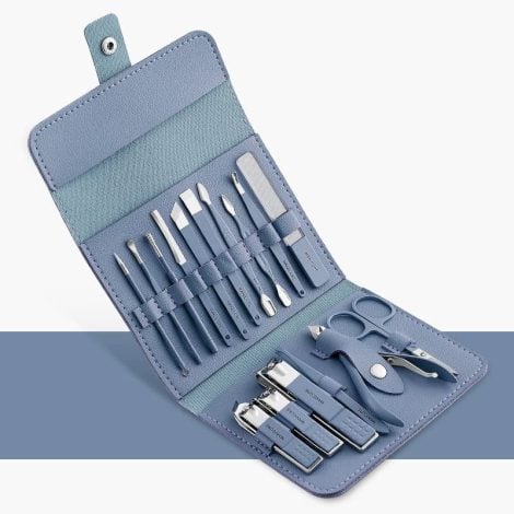 Blue 16-Piece Professional Nail Care Kit: Premium stainless steel tools for manicures and pedicures, ideal gift for all.