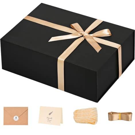 LIFELUM Large 13″ x 10″ x 5″ Black Magnetic Gift Box with Card, Ribbon, and Shredded Paper for Christmas.