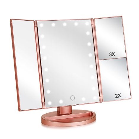 Travel-friendly Flymiro Tri-fold Makeup Mirror with LED lights, touch screen, and 2x/3x magnification for flawless beauty on-the-go.