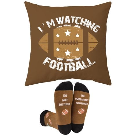 Football-themed pillow cover and socks set, perfect sports decor and stocking stuffer for football-loving teen boys and men.