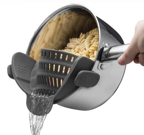 Snap N Strain Pot & Pasta Strainer is a flexible silicone clip-on strainer for easy cooking, perfect for American kitchens.