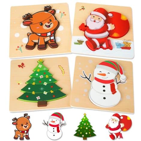 Christmas-themed set of four wooden puzzles for children aged 1-3; perfect stocking stuffers, party favors, or gifts.