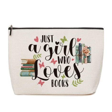 Gift for the literary enthusiast: “Bookworm’s Bliss Makeup Bag” for women; ideal birthday gift for sister, friend, or daughter.