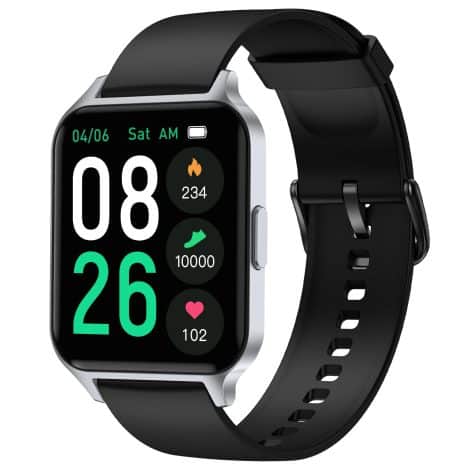 Fitness tracker watch with heart rate monitor, sleep tracker, and step counter in a waterproof design.