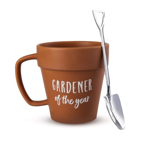 Gardener-themed ceramic coffee mug set with shovel spoon – perfect gift for nature enthusiasts, birthdays and holidays.