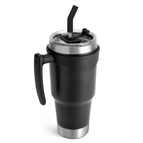 “Black TOURIT 40 oz Tumbler with Handle and Straw, keeps drinks cold for 34 hours or hot for 10 hours.”