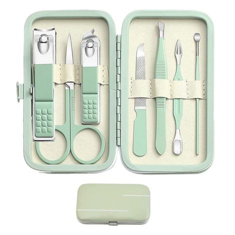 Green Manicure and Pedicure Grooming Kit with 8 Tools in a Portable Travel Case: Perfect Gift for Everyone!