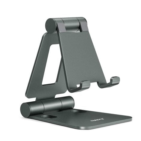 Foldable phone stand that holds all phone models, tablets, and Nintendo Switch; sleek grey design.