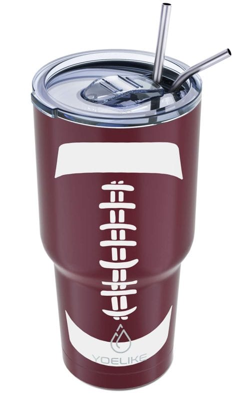 The “Yoelike Football 30 oz tumbler” is a stainless steel, insulated travel mug with lid and straw. Perfect as a gift for coaches, sports fans, dads, moms, women, and men.