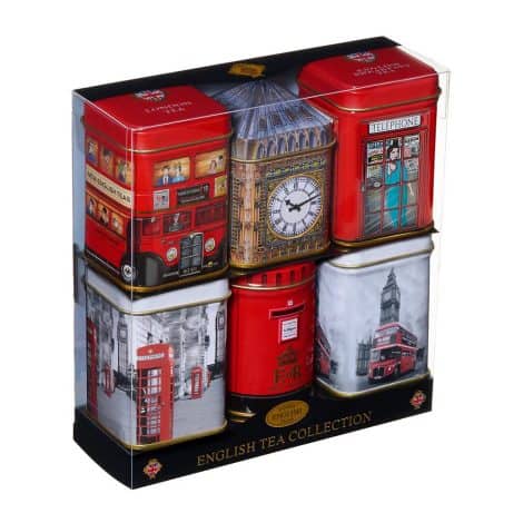 British Souvenir Collection: 6 Authentic Tea Tins showcasing London’s most iconic landmarks with delicious English Breakfast Tea.