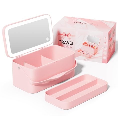 Buqikma Travel Makeup Case: Portable, Rechargeable, with Adjustable Brightness Mirror & DIY Compartments, Ideal Gift for Women.