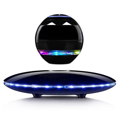 Black RUIXINDA Magnetic Floating Speaker: Wireless Bluetooth, Colorful Lights, 360° Rotation, for Cool Home Office Decor.