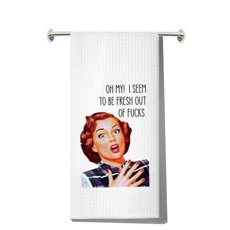 “Oh My, I Appear to Be Running Low on Cares” Waffle Weave Kitchen Towel, a quirky retro gift!