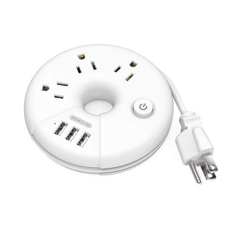 White NTONPOWER Travel Power Strip: Compact 3 Outlet + 3 USB Charging Station for Office, Home, and Travel.