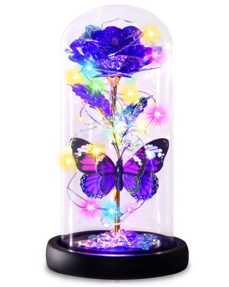 Gee Hut Purple Rose Flower Gifts: stunning glass dome with glowing butterfly and rose – perfect for special occasions.