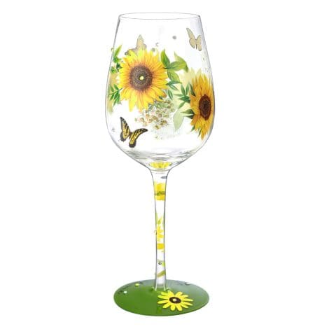 Sunflower Butterfly Hand-painted Wine Glass – Personalized 15oz Artisan Glassware, Perfect Gift for Women.