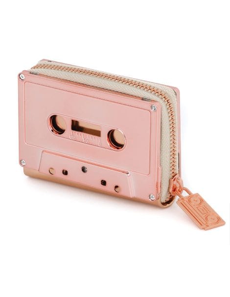 Fydelity’s Retro Cassette Tape Wallet – a colorful, cute, and vintage-style zipper wallet for women in rose gold chrome.