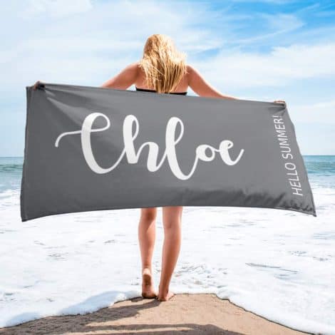 Customized beach towels featuring mermaid, flamingo, pineapple, basketball, baseball themes, perfect for women, kids, and adults. (Name2 Grey, 32″ x 64″)