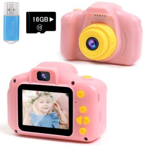 Rindol’s Compact Kids Camera is perfect for little hands, capturing smooth selfies. Ideal birthday gift for girls aged 4-9, with a 16GB memory card included.