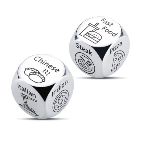 Aiseavril’s 2-piece Steel Anniversary Food Decision Dice is a hilarious gift idea for couples, boyfriends, and girlfriends.