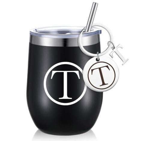 Customizable wine tumbler and keychain gift set – black stainless steel travel mug with lid and straw. Perfect for Christmas!