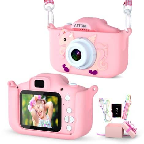 HD Digital Camera for young children with 32GB SD Card & Pink Silicone Cover. Perfect birthday or Christmas gift for ages 3-10.