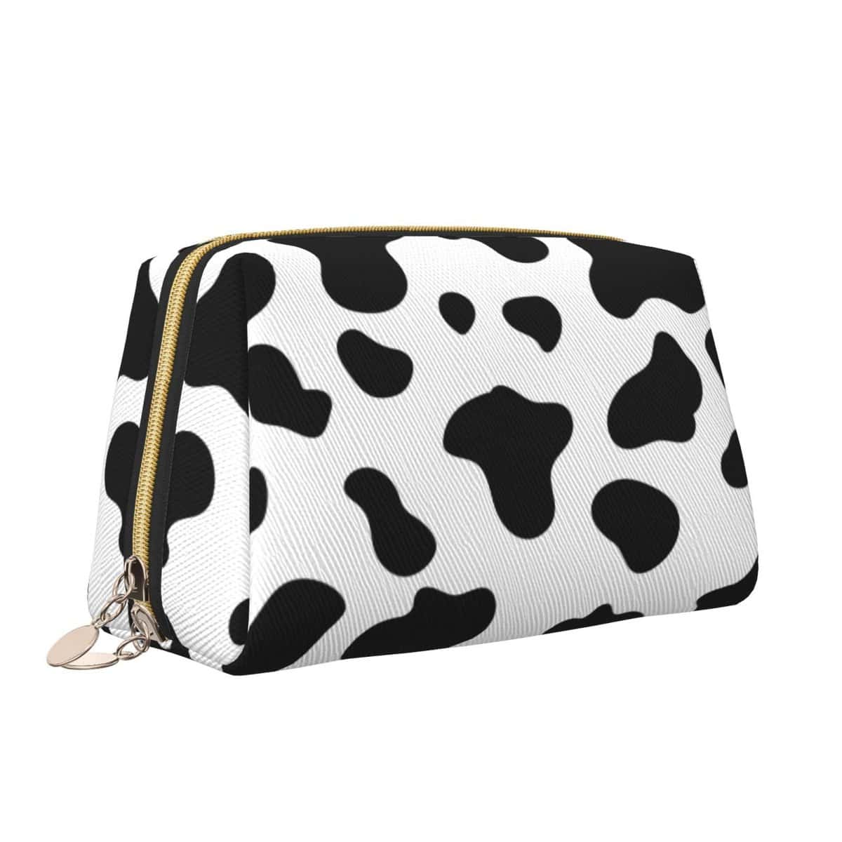 Yinzaishe Cute Cow Print Animal Skin Large Makeup Bag, Leather Travel Cosmetic Organizer Bag for Women Large Capacity Waterproof Toiletries Bag Makeup Pouch for Friend Wife Mother's Gift