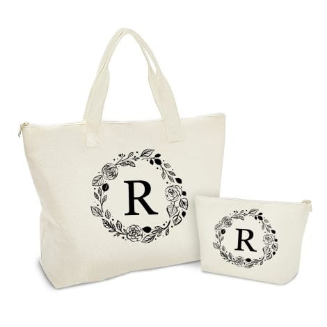 Personalized Initial Canvas Tote Bag with Zipper, Present Bag with Pocket & Makeup Bag – Perfect Gifts for Women, Moms, Teachers, Friends, Bridesmaids.