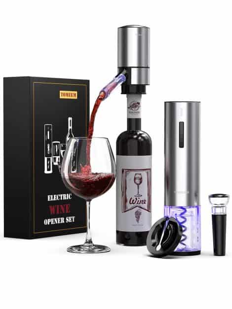 Electric Wine Opener Set, Tomeem Wine Gift with Rechargeable Electric Wine Aerator, Vacuum Stoppers and Foil Cutter. Enjoy effortless opening with this 4-in-1 electric opener for your home party or outdoor bar.