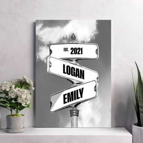 Personalized Street Sign: Vintage Blue Sky Canvas Print with Couple’s Name and Date. Perfect Love Gift!