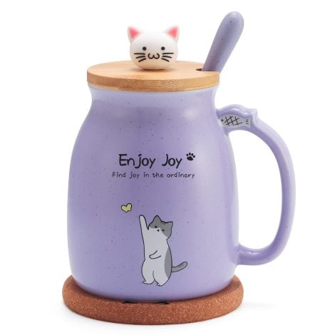 Adorable Cat Cup with Wooden Lid, Spoon, Coaster – Perfect Christmas or Birthday Gift, 16oz. (Purple)