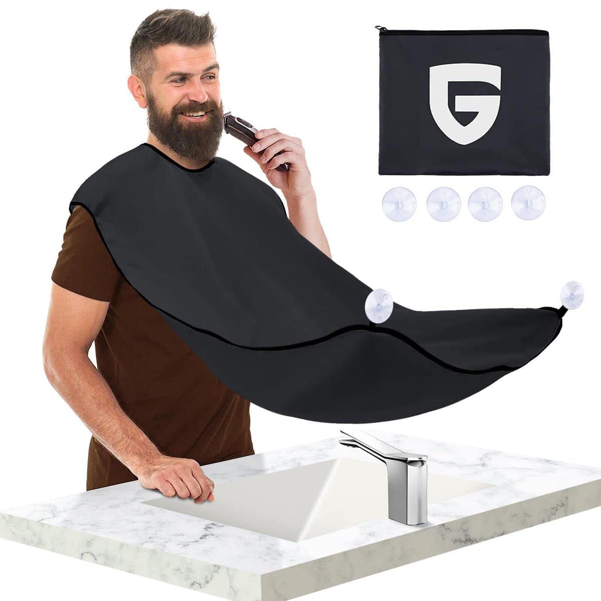 Beard Bib Trimmer Catcher, Stocking Stuffers Christmas Gifts for Men, Beard Hair Catcher for Sink, Waterproof Non-Stick Beard Cape with 4 Suction Cups, One Size Fits All, Grooming Accessories(Black)