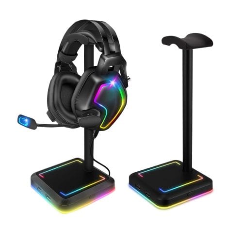 TEEDOR Headphone Stand, Gaming Headset Holder with USB Charger Ports & Various Lighting Options for PC Gaming Earphones.