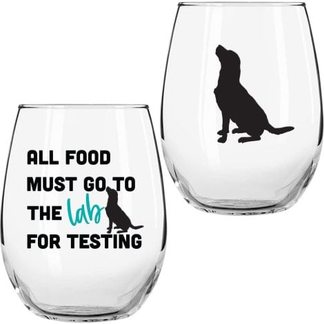 Labrador Lovers Drinkware: All Food Must Be Tested by Labs! 15 oz Wine Glass Set – Chocolate Lab Design.