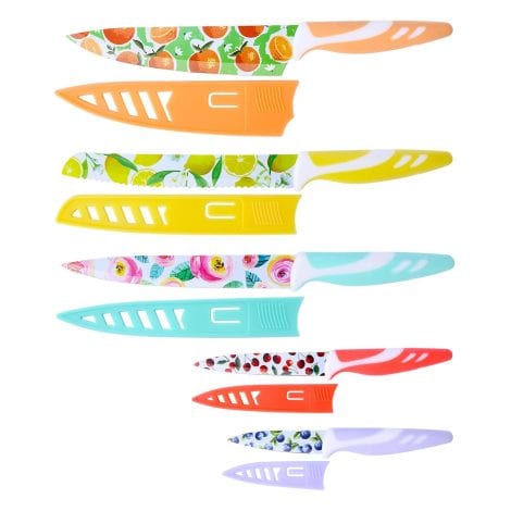 Colorful 10-piece nonstick knife set with 5 blade guards, perfect as a Christmas gift from Pioneer Woman.