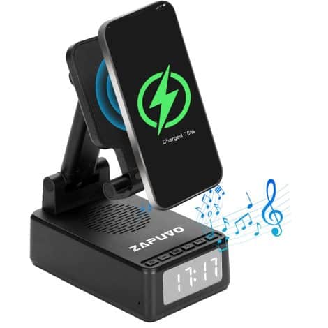 A phone stand with wireless charging and Bluetooth speaker, perfect as a cool stocking stuffer gift.