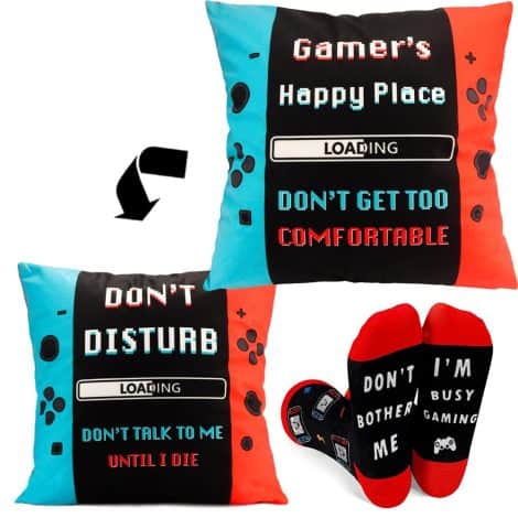 Gamer-themed gifts for teens and adults! Includes socks and throw pillow covers. Perfect for Easter baskets.