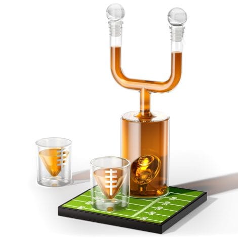 Whiskey decanter set inspired by football with glasses. Personalized gift for football-loving men, perfect for Christmas or birthdays.