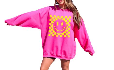 Up2ournecksinfabric LLC presents a trendy and adorable Up2ournecksinfabric Smiley Face Sweatshirt, perfect as a women’s birthday gift!