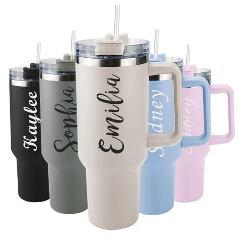 Customize your own insulated, stainless steel 40 oz tumbler with handle, straw, and personalized name. Perfect birthday gift!