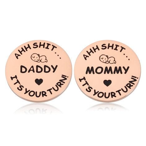 Funny decision coins for new parents, a perfect gift for first-time moms and dads.