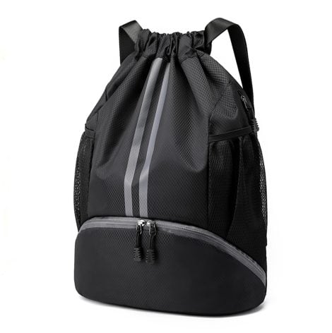 Hoedia Sports Drawstring Backpack – A versatile, water-resistant bag perfect for fitness enthusiasts, with separate shoe and wet pocket.