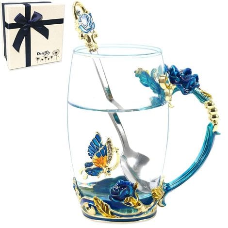 Sky Blue Rose Coffee Mug, a beautiful Butterfly Flower Glass Tea Cup, perfect for women on special occasions.