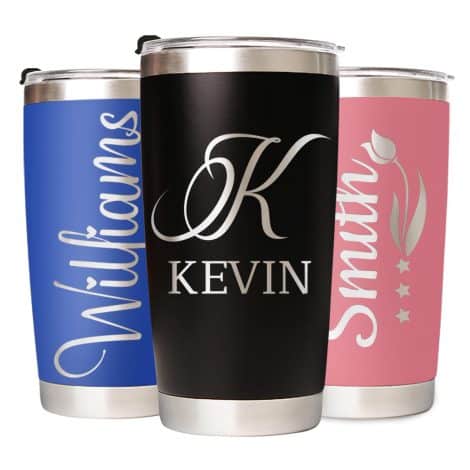 Customized name-engraved stainless steel coffee tumbler – ideal personalized gift for family and friends on birthdays and Christmas.