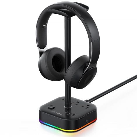 TROND Headphone Stand: A sleek desk accessory with USB charger, 3 charging ports, RGB lighting, perfect for gamers.