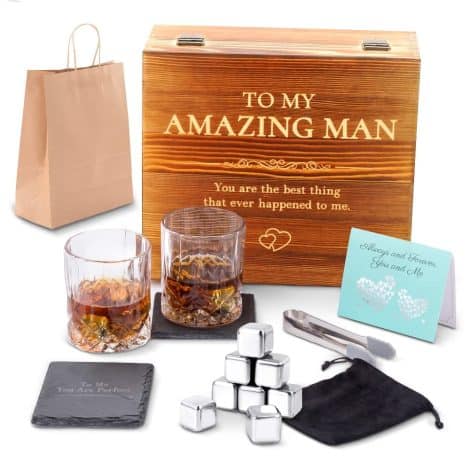 “ADEXDO Celebration Set for Men – Whiskey Lover’s Delight: 8 Chilling Stones and 2 Glasses (11oz).”